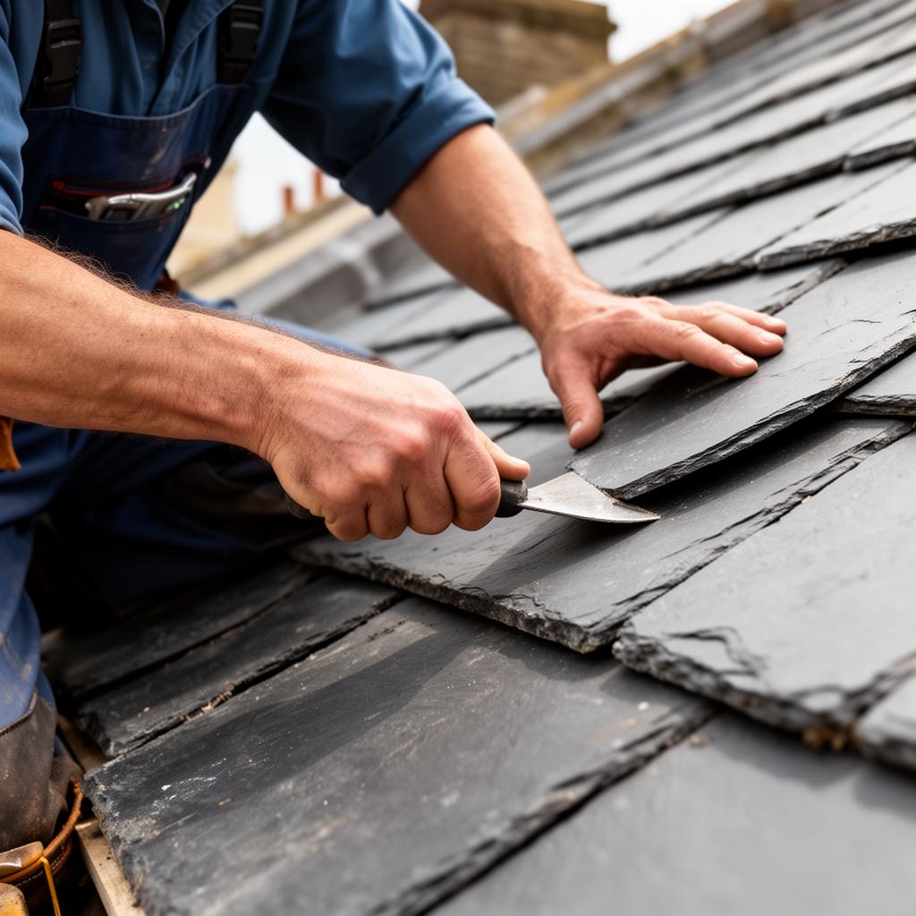 Roofer hands installing slate tiles